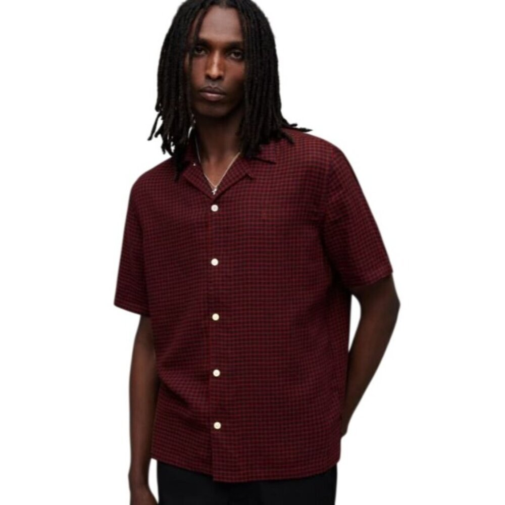 AllSaints Glendale Checked Ramskull Men's Shirt Short Sleeve Mars Red Black XL